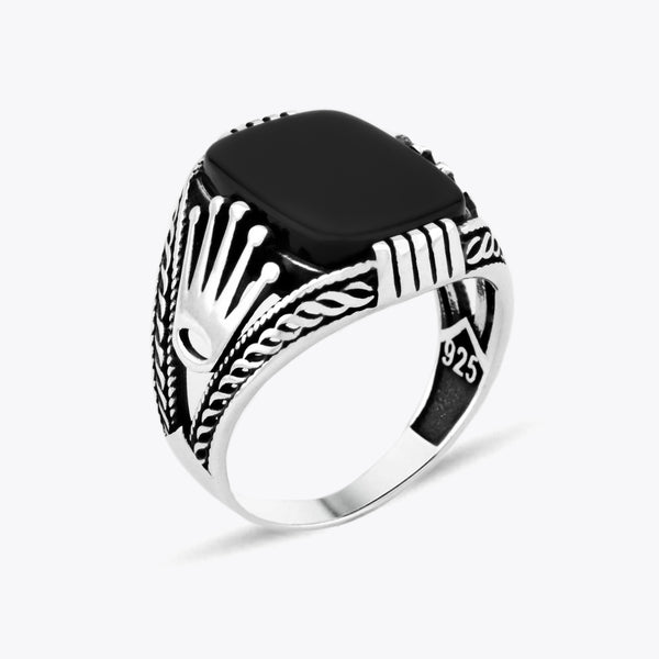 Onyx Stone King Crown Design Sterling Silver Ring CLMR0252