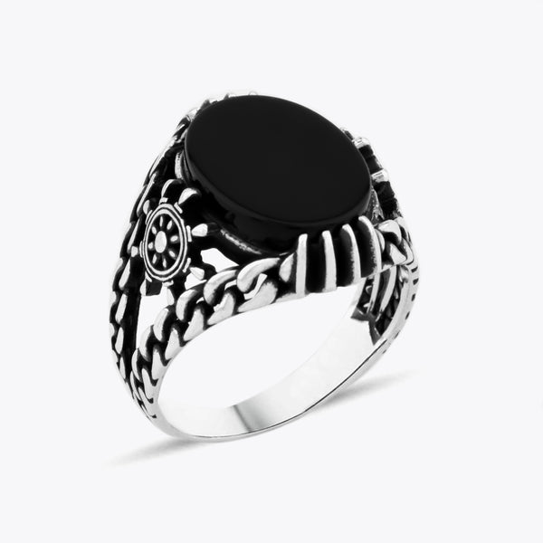Anchor Design Silver Ring with Onyx Stone CLMR0253