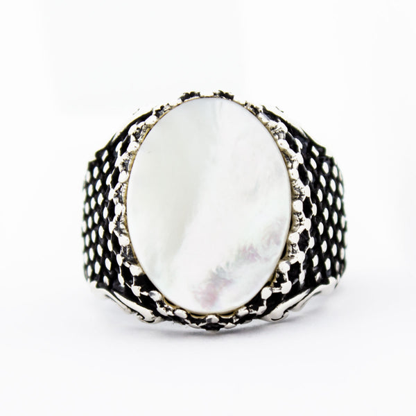 Mother of Pearl Stone Sterling Silver Mens Ring MRK074